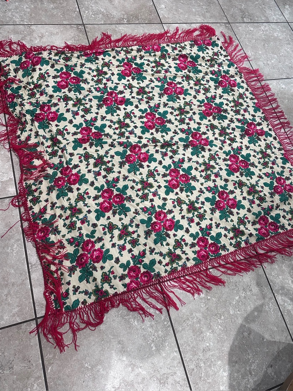 Vintage polish folk style tassel fringe shawl floral Russian Ukrainian 48x48”